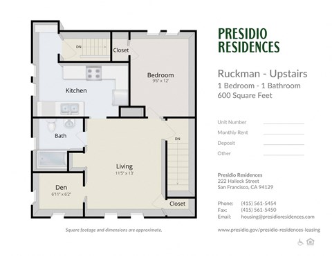 A floor plan for a 1 bedroom, 1 bathroom apartment at Presidio Residences.
